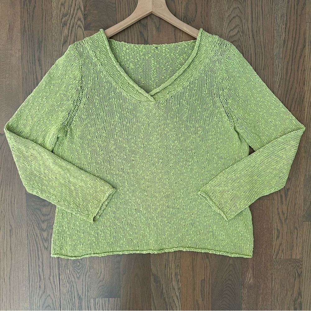 Eileen Fisher Textured Marled Rolled V-Neck 100% Cotton Sweater Green Medium